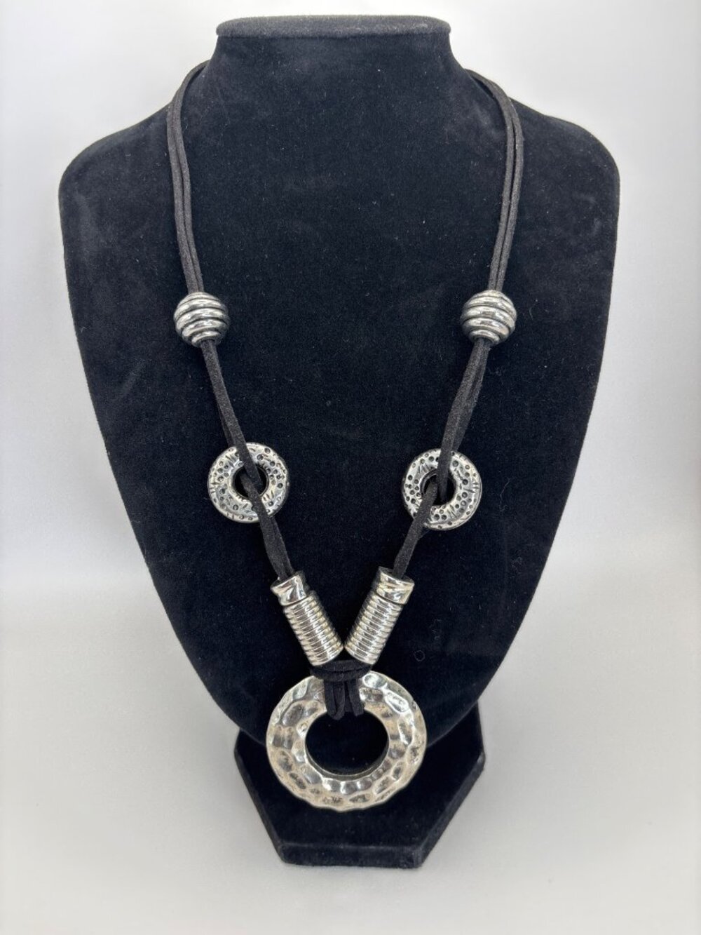 Boho Black Cord and Silver Tone Statement Necklace Textured Accent Rings
